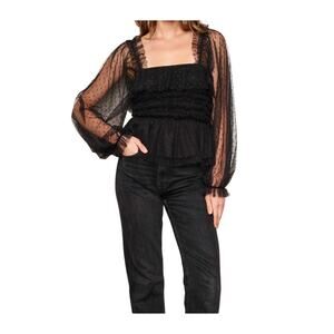 dRA Los Angeles Helena Sheer Dot Ruffle Top Black Size L NWT Peplum Wimsigoth